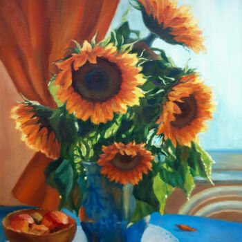 Painting titled "Still life with sun…" by Irena Heinz, Original Artwork, Oil Mounted on Wood Stretcher frame