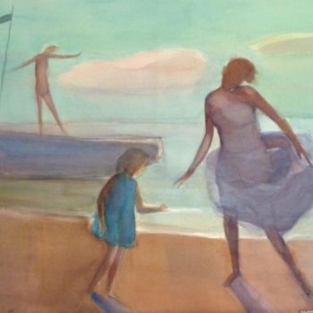 Painting titled "Evening at the sea" by Irena Luse, Original Artwork, Watercolor