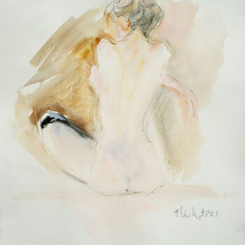 Schilderij getiteld "WAITING WOMAN BY TH…" door Irene Bibik-Chkolian, Origineel Kunstwerk, Aquarel