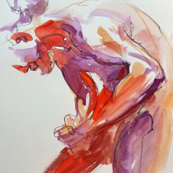 Disegno intitolato "Nude male athlete" da Irene Bibik-Chkolian, Opera d'arte originale, Acquarello