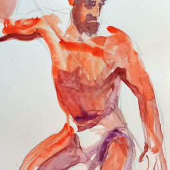 Schilderij getiteld "Nude male athlete #2" door Irene Bibik-Chkolian, Origineel Kunstwerk, Aquarel