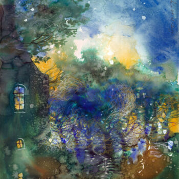 Картина под названием "Evening in the gard…" - Irene Vlassova, Подлинное произведение искусства, Акварель