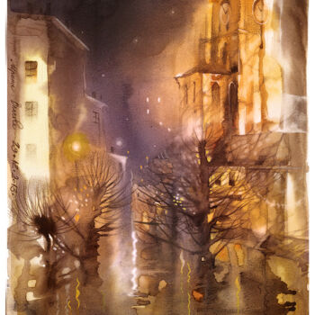 Painting titled "Avond in de Stad" by Irene Vlassova, Original Artwork, Watercolor