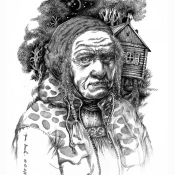 Dessin intitulée "Baba Yaga" par Irene Vlassova, Œuvre d'art originale, Encre