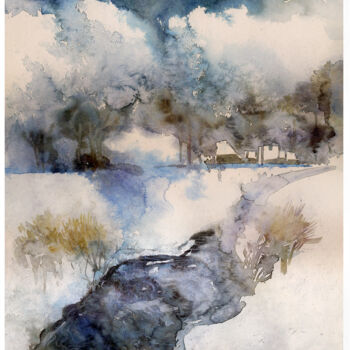 Pintura intitulada "Winter landscape" por Irene Vlassova, Obras de arte originais, Aquarela