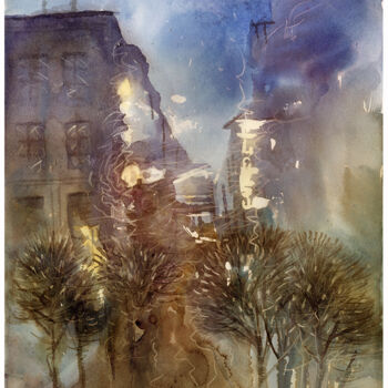 Pintura intitulada "Night street in Ams…" por Irene Vlassova, Obras de arte originais, Aquarela