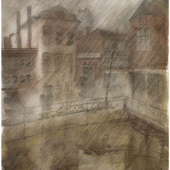 Dibujo titulada "Rain in Mechelen" por Irene Vlassova, Obra de arte original, Lápiz