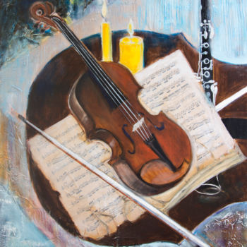 Painting titled "diptyque violon" by Irène Claval, Original Artwork, Oil