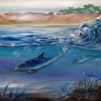 Painting titled "Ballade des dauphins" by Syrène, Original Artwork, Oil