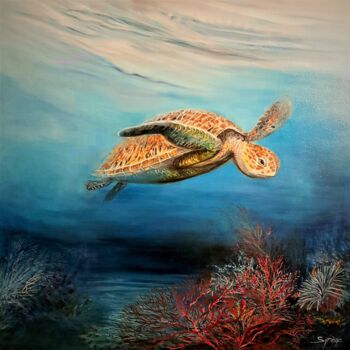 Painting titled "TORTUE ROUSSE" by Syrène, Original Artwork, Oil Mounted on Wood Stretcher frame