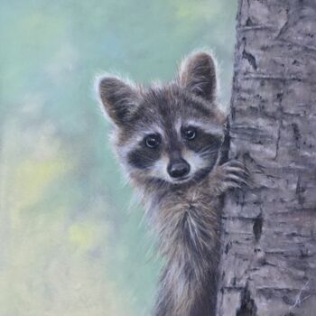 Desenho intitulada "Funny raccoon" por Irene_art, Obras de arte originais, Pastel