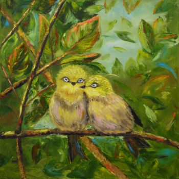 Картина под названием "Парочка птичек" - Irina Zaitseva, Подлинное произведение искусства, Масло