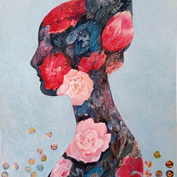 Peinture intitulée "Girl with pink roses" par Iriia Belogorskaya, Œuvre d'art originale, Acrylique Monté sur Métal