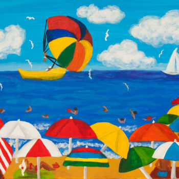 Painting titled "Colourful beach umb…" by Irina Afonskaya, Original Artwork, Acrylic Mounted on Wood Stretcher frame