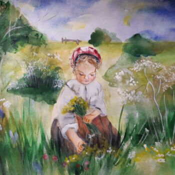 Рисунок под названием "Девочка в поле - Лю…" - Irina Androsova, Подлинное произведение искусства, Акварель