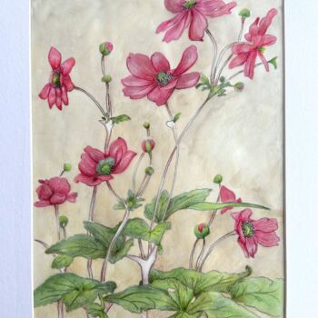 Painting titled "Pink botanical anem…" by Irina Anis, Original Artwork, Watercolor