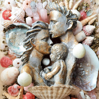 Sculpture titled "Mother Father Child…" by Irina Bast, Original Artwork, Stone Mounted on Wood Panel