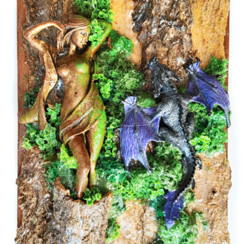 Sculpture intitulée "Dragon and woman. F…" par Irina Bast, Œuvre d'art originale, Bois Monté sur Panneau de bois