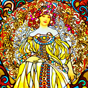 Painting titled "Stained glass woman…" by Irina Bast, Original Artwork, Ink Mounted on Wood Panel
