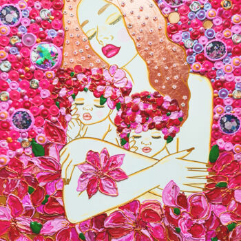 Painting titled "Mother and babies.…" by Irina Bast, Original Artwork, Mosaic Mounted on Wood Stretcher frame