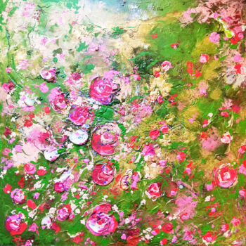 Картина под названием "Rose Bush - 100x100…" - Irina Bast, Подлинное произведение искусства, Акрил Установлен на Деревянная…