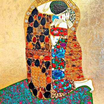 Schilderij getiteld "The Kiss Klimt - GE…" door Irina Bast, Origineel Kunstwerk, Mozaïek Gemonteerd op Frame voor houten bra…