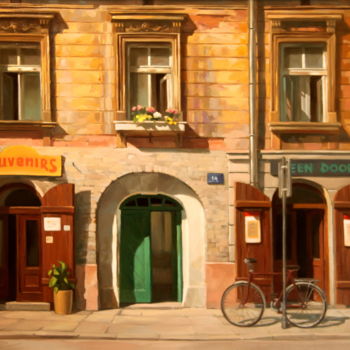 Painting titled "Зелёная дверь" by Irina Bogdanova, Original Artwork, Oil Mounted on Wood Stretcher frame