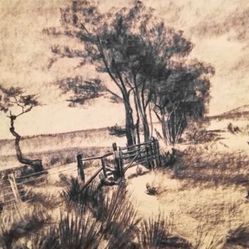 Drawing titled "Paysage 3" by Irina Cavat, Original Artwork, Charcoal Mounted on Other rigid panel