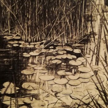 Drawing titled "Paysage 6" by Irina Cavat, Original Artwork, Charcoal Mounted on Other rigid panel