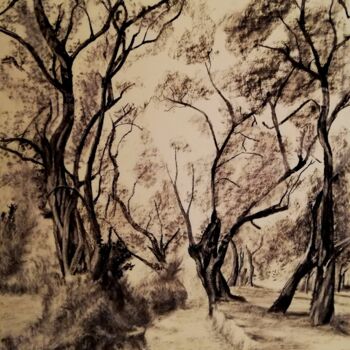 Drawing titled "Dans la forêt" by Irina Cavat, Original Artwork, Charcoal Mounted on Cardboard