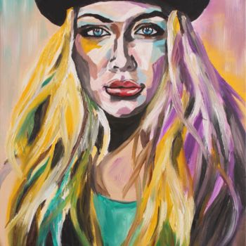 Painting titled "Blonde in black hat" by Irina Chernobay, Original Artwork, Oil Mounted on Wood Stretcher frame
