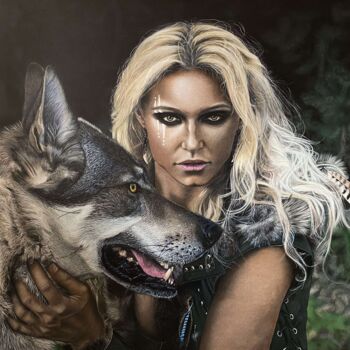 Peinture intitulée "Девушка и волк. На…" par Irina Deriugina, Œuvre d'art originale, Acrylique