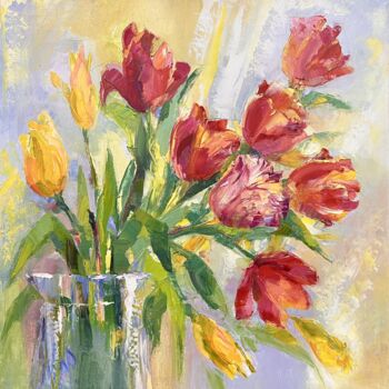 Картина под названием "Тюльпаны" - Ирина Гинтс, Подлинное произведение искусства, Масло Установлен на Деревянная рама для но…