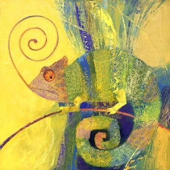 Картина под названием "Хамелеон" - Ирина Гинтс, Подлинное произведение искусства, Масло Установлен на Деревянная рама для но…