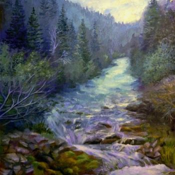 Painting titled "Mountain river" by Irina Zhigalova, Original Artwork, Oil Mounted on Wood Stretcher frame