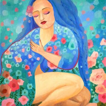 Pintura intitulada "Девушка с голубыми…" por Irina Zhigalova, Obras de arte originais, Óleo Montado em Outro painel rígido