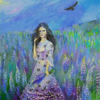 Картина под названием "Девушка в люпиновом…" - Ирина Жигалова, Подлинное произведение искусства, Масло Установлен на Другая…