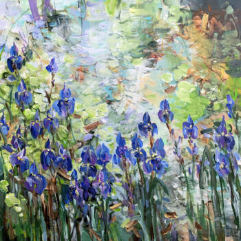 Malerei mit dem Titel "Blue irises at the…" von Irina Laube, Original-Kunstwerk, Acryl