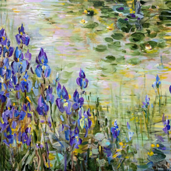 Painting titled "Blue irises at the…" by Irina Laube, Original Artwork, Acrylic