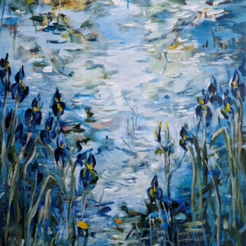 Peinture intitulée "Blue irises at the…" par Irina Laube, Œuvre d'art originale, Acrylique
