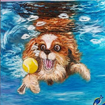 Peinture intitulée "Cheerful dog dives…" par Irina Minevich, Œuvre d'art originale, Huile