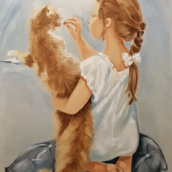 Pittura intitolato "Girl with a red cat." da Irina Oleynik, Opera d'arte originale, Olio