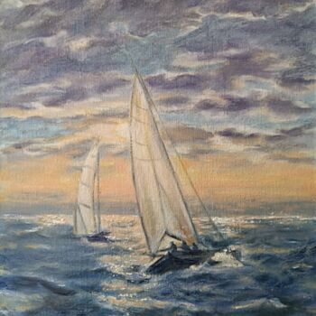 Schilderij getiteld "Sunset yacht painti…" door Irina Oleynik, Origineel Kunstwerk, Olie