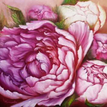 Painting titled "Bouquet of peonies…" by Irina Prokofeva, Original Artwork, Oil Mounted on Wood Stretcher frame