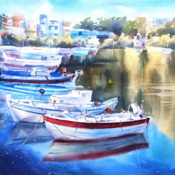 Malarstwo zatytułowany „Boats at the shore.…” autorstwa Irina Pronina, Oryginalna praca, Akwarela