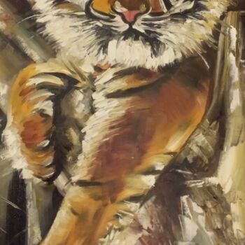 Painting titled "Tigre" by Irina R, Original Artwork, Oil Mounted on Wood Stretcher frame