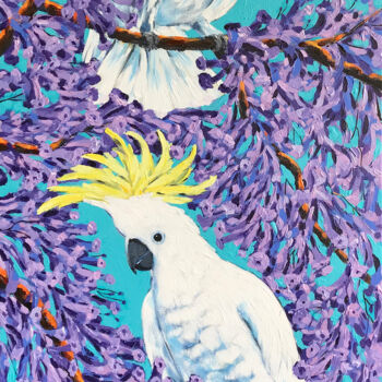 Painting titled "Cockatoos and Jacar…" by Irina Redine, Original Artwork, Acrylic Mounted on Wood Stretcher frame