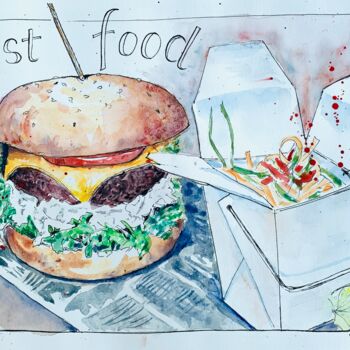 Disegno intitolato "Tasty food (DHL exp…" da Irina Rets, Opera d'arte originale, Acquarello