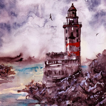 Digitale Kunst mit dem Titel "Lighthouse. Sakhali…" von Irina Shilina Canvas, Original-Kunstwerk, Aquarell
