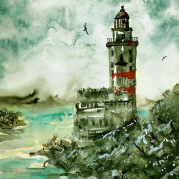 Цифровое искусство под названием "Lighthouse. Sakhali…" - Irina Shilina Canvas, Подлинное произведение искусства, Акварель